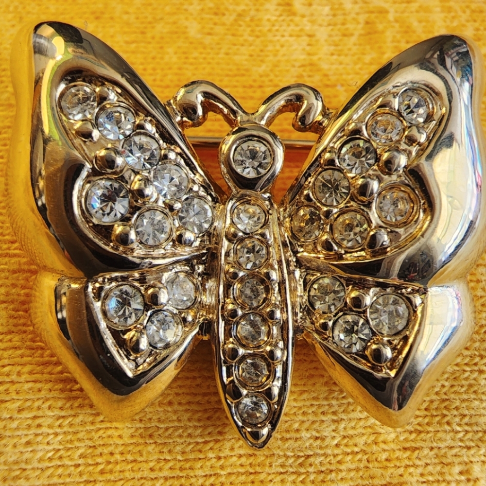 Rhinestone Butterfly Pin or Brooch Gold